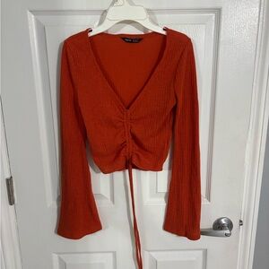 Orange V-Neck Ruched Top